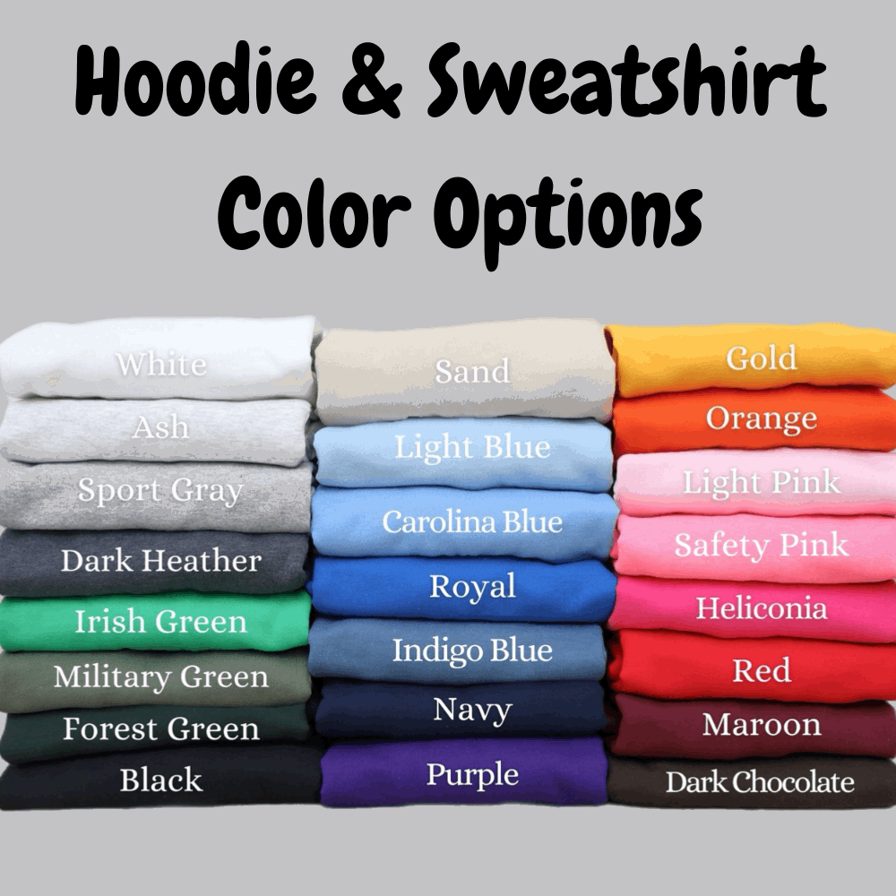 Stack of folded hoodies and sweatshirts with color options labeled on a gray background