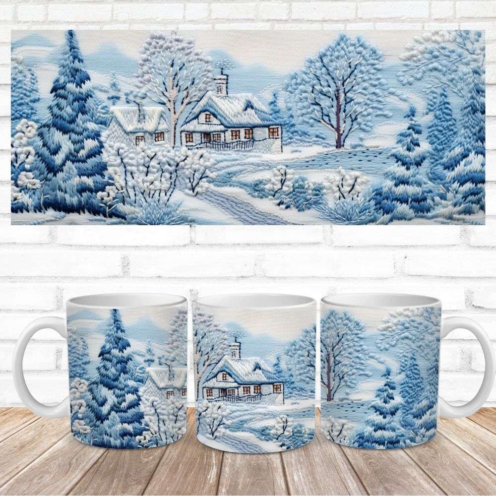 with a winter scene of a house and trees in the snow on a wooden surface.
