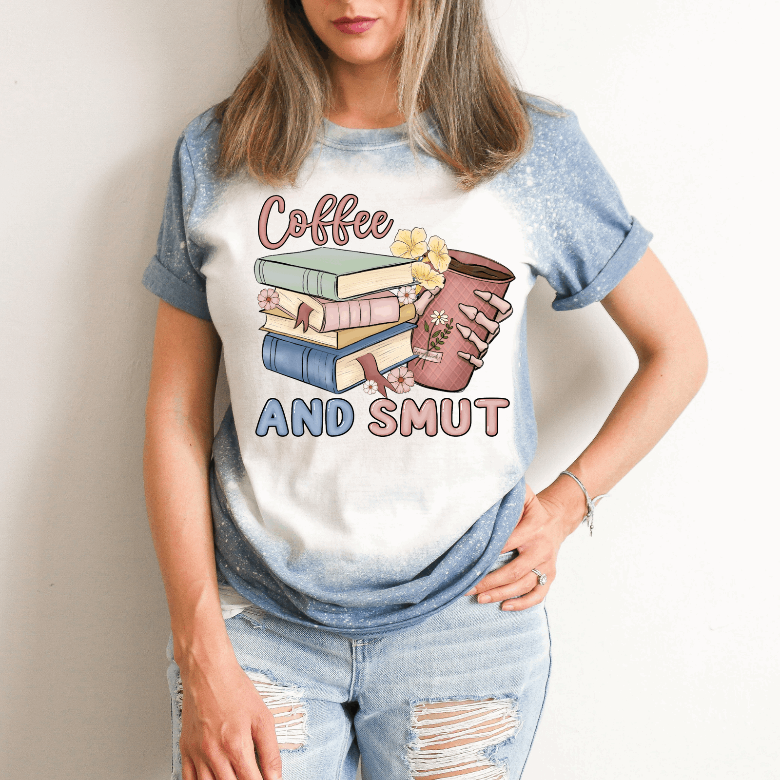 Coffee and Smut Blue Bleached Women's Graphic Tee Shirt - Cathy's Custom Emporium