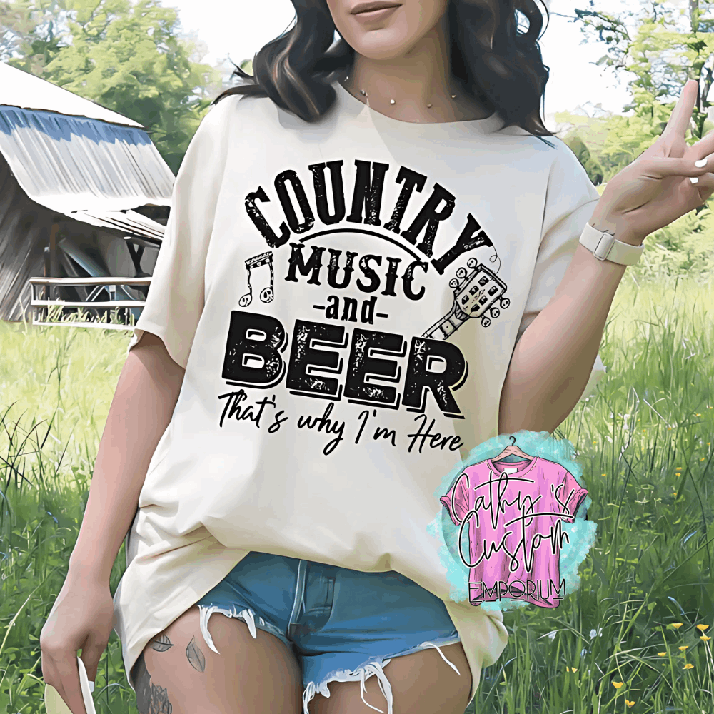 Woman wearing a beige oversized T-shirt with a bold "Country Music and Beer" graphic, featuring a distressed font, guitar, and music notes.
