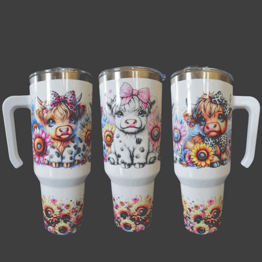 Cute baby Highland Cows with Bows and Flowers 40 Ounce Stainless Steel Handled Travel Tumbler - Cathy's Custom Emporium
