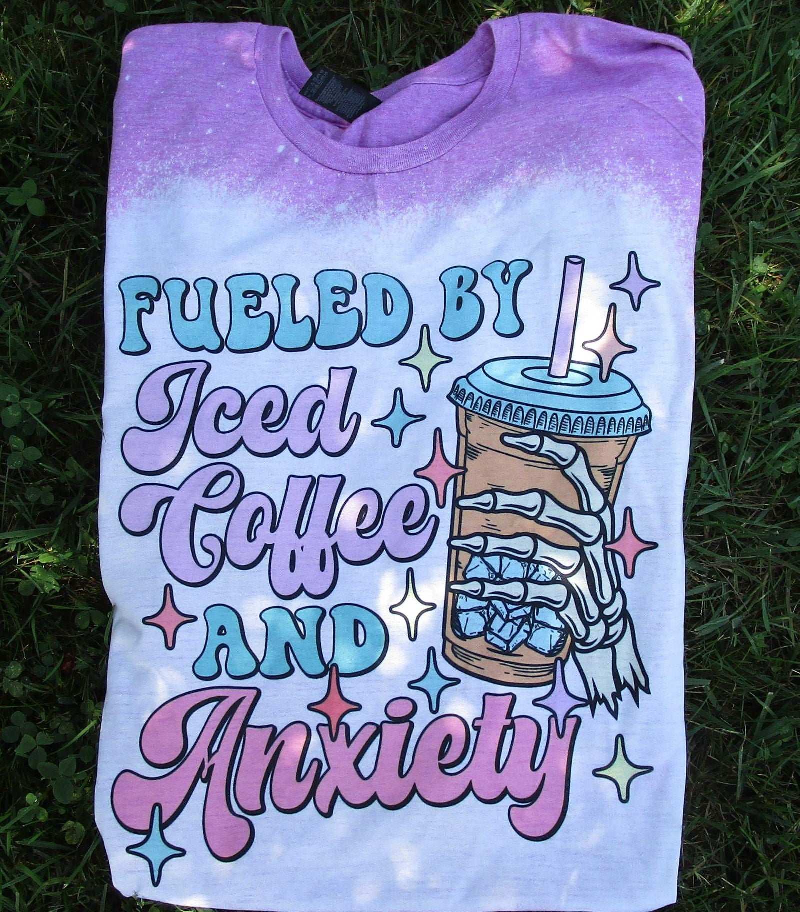 Fueled By Iced Coffee and Anxiety Graphic Bleached Tee - Cathy's Custom Emporium
