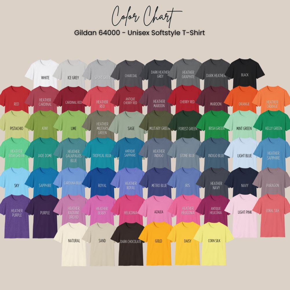 “Color chart displaying 60+ Gildan 64000 Softstyle t-shirt colors including White, Black, Charcoal, Red, Tropical Blue, Heather Sapphire, Heather Maroon, Heliconia, and more. All colors are labeled and shown in unisex crewneck t-shirt mockups.”