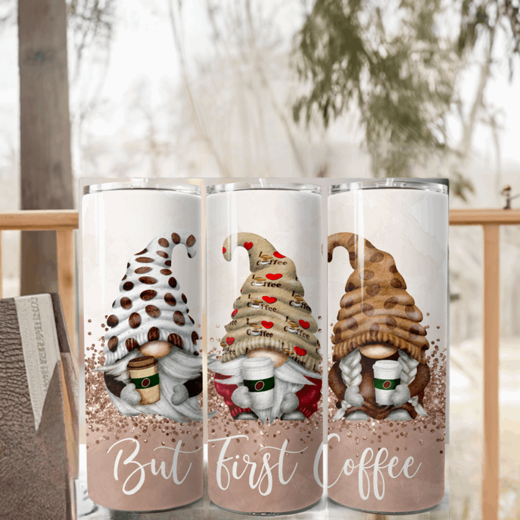 Gnomes But First Coffee 20 Ounce Stainless Steel Travel Tumbler - Cathy's Custom Emporium