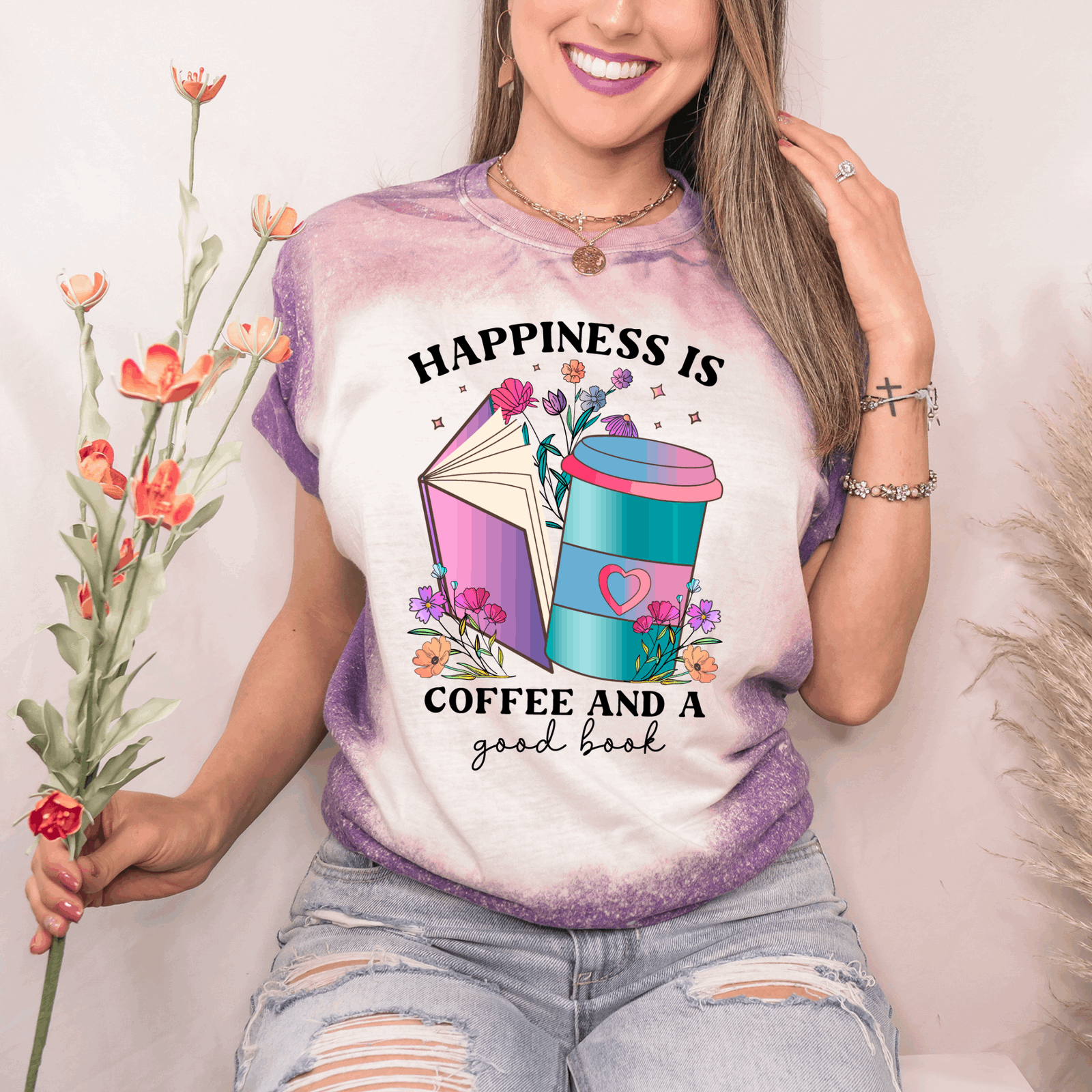 Happiness is Coffee and a Good Book Purple Bleached Women's Graphic Tee - Cathy's Custom Emporium