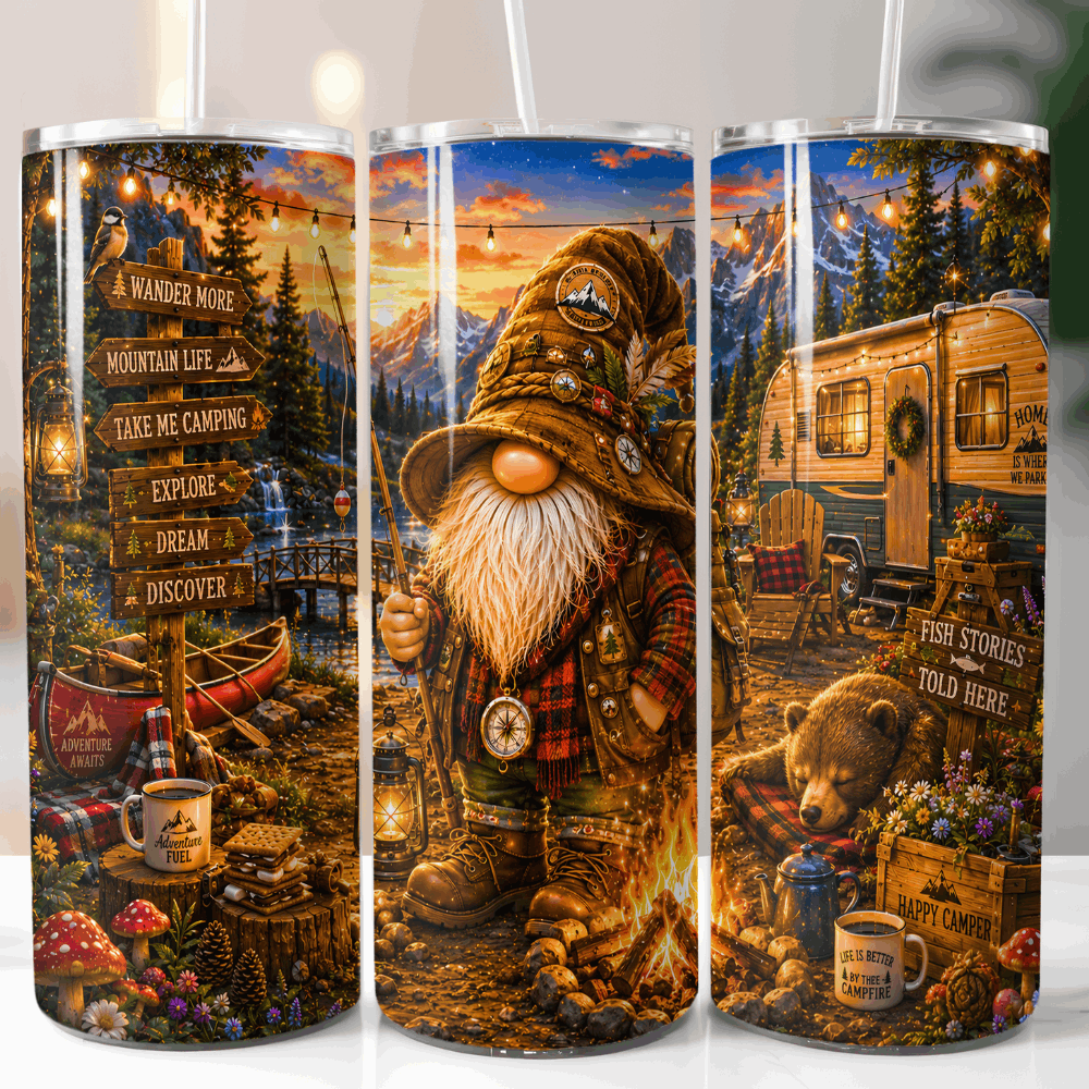 Three tumbler designs featuring a gnome, bear, and camper with scenic and rustic elements.