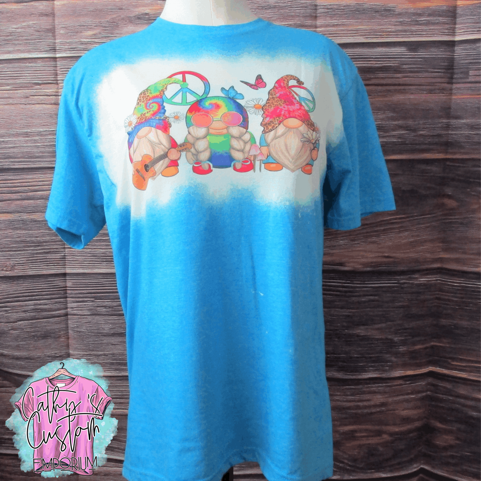 Hippie Tie Dye Gnome Graphic  Bleached Tee - Cathy's Custom Emporium