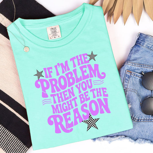 Mint green Comfort Colors T-shirt with purple text reading “If I’m the problem then you might be the reason” and checkered star accents