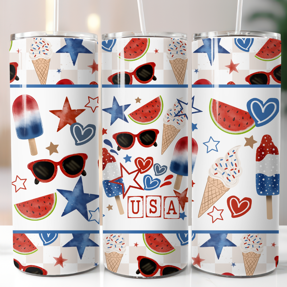 Patriotic summer 20 oz tumbler with USA design, stars, popsicles, watermelon, sunglasses, and ice cream graphics.