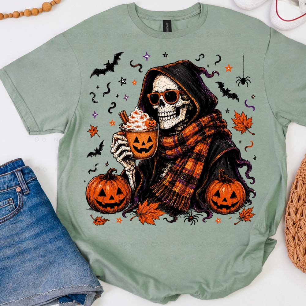Pumpkin spice skeleton with plaid scarf, Halloween drink, bats, and pumpkins on Sage Graphic T-Shirt