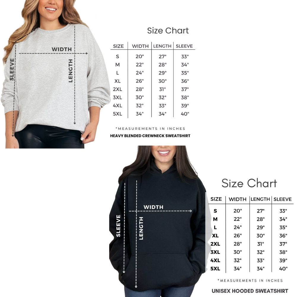 Size chart for Hoodies and Crewneck Sweatshirts