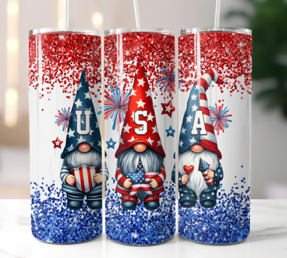 20oz tumbler with three patriotic gnomes, glitter design, and USA letters
