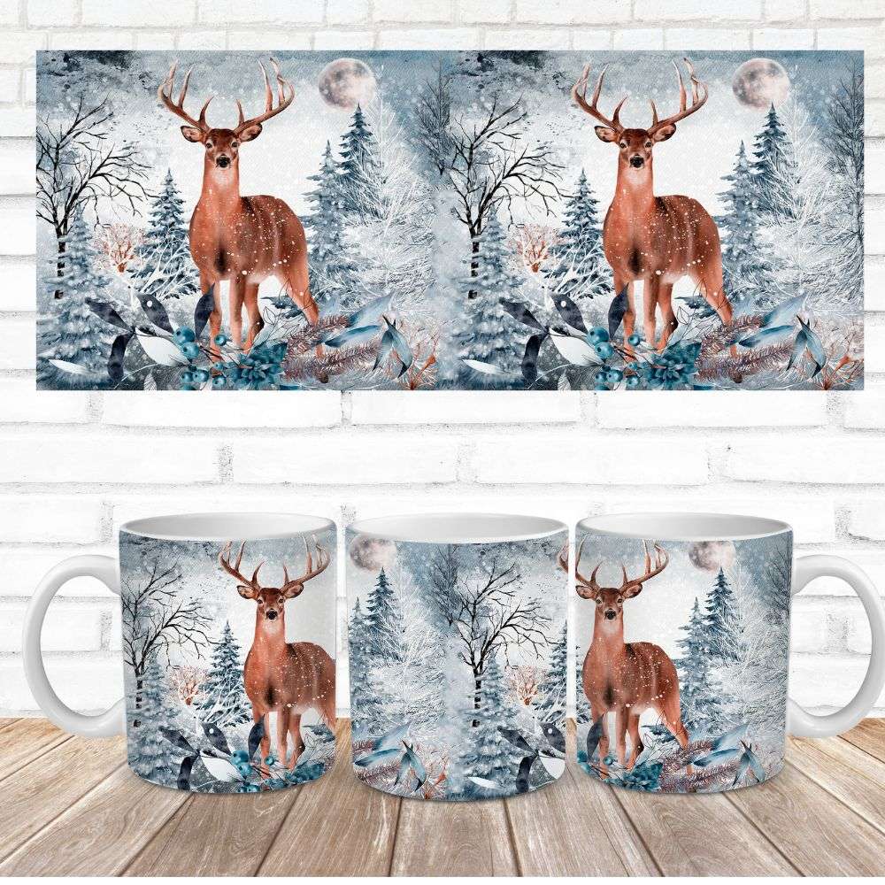 Ceramic mug featuring a deer in a snowy winter forest scene