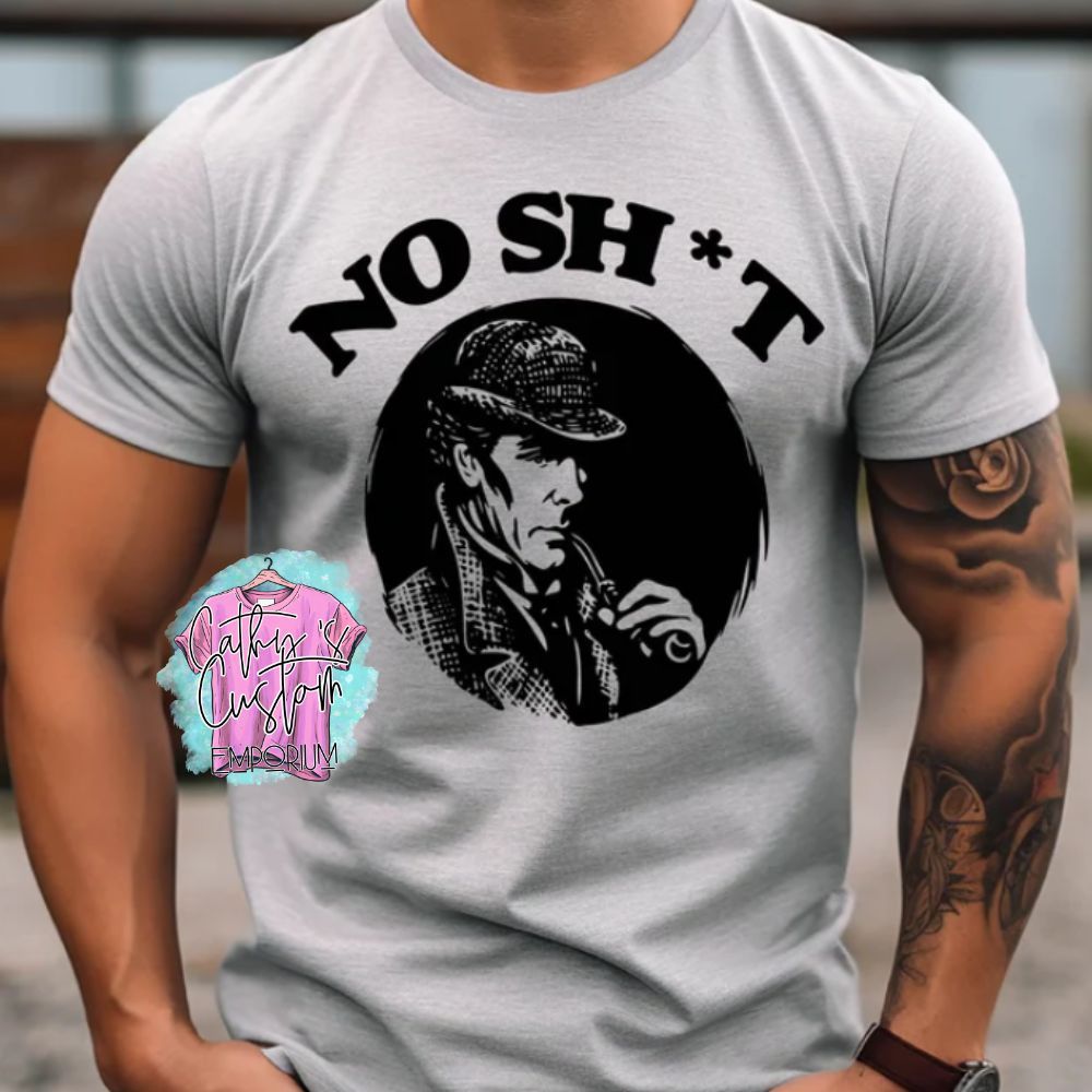 funny sarcastic Gildan sport grey 50/50 graphic t-shirt hoodie crewneck sweatshirt. No Shit with a Sherlock Holmes design.