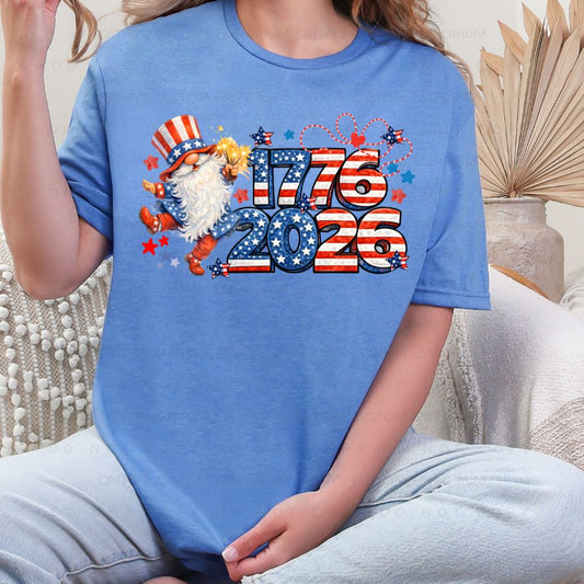 Blue patriotic graphic T-shirt with patriotic gnome and 1776 2026 design