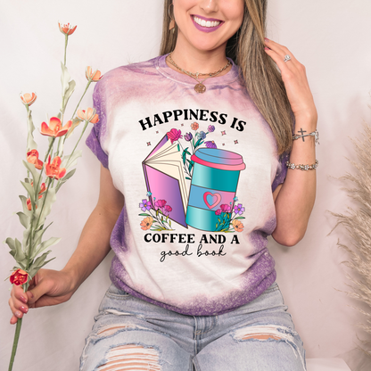 Happiness is Coffee and a Good Book Purple Bleached Women's Graphic Tee