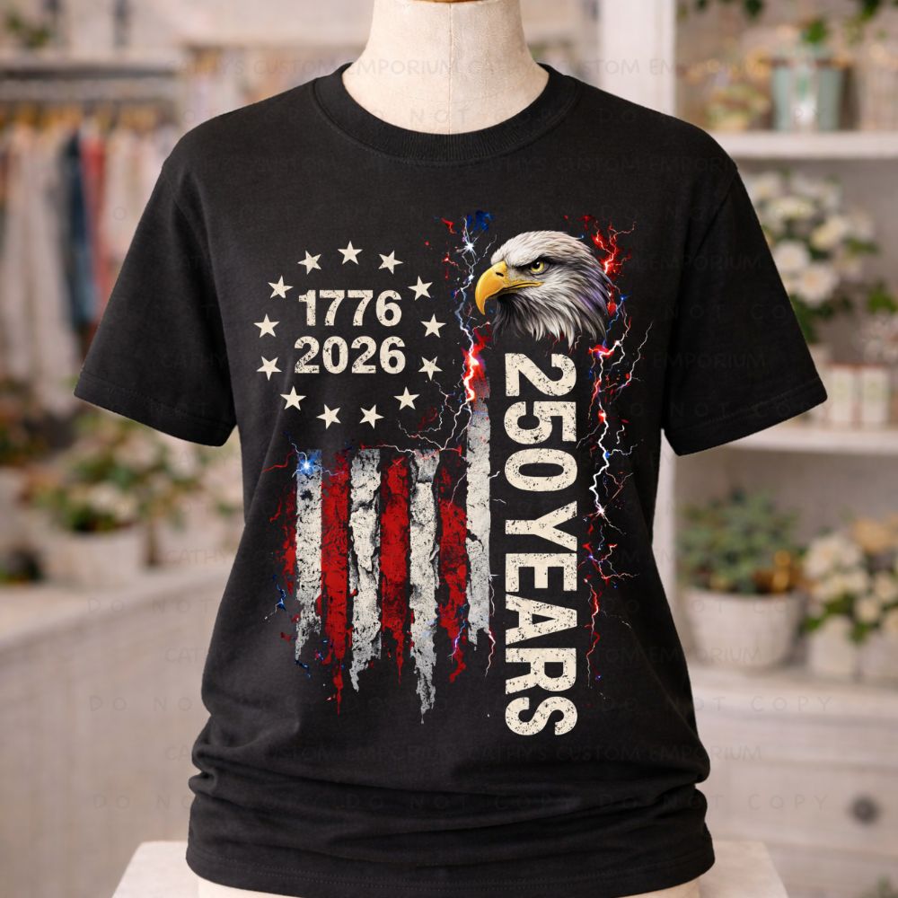 Black patriotic graphic T-shirt with eagle American flag and 250 years design