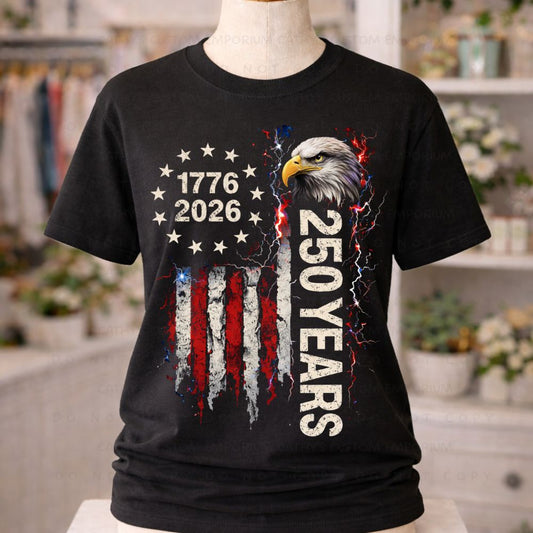 Black patriotic graphic T-shirt with eagle American flag and 250 years design