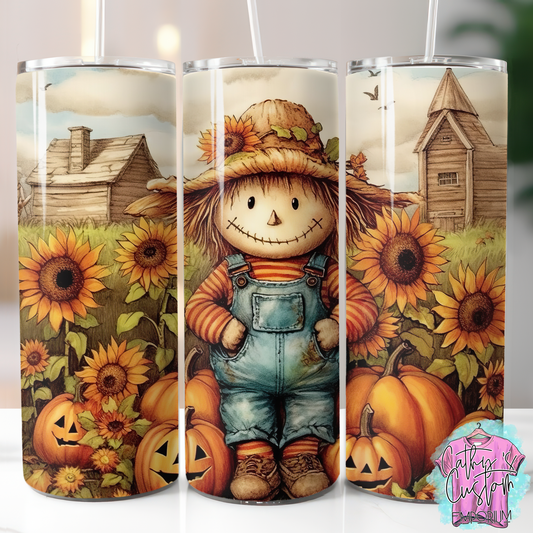 Fall Themed Scarecrow Pumpkins and Sunflowers 20 Ounce Stainless Steel Travel Tumbler