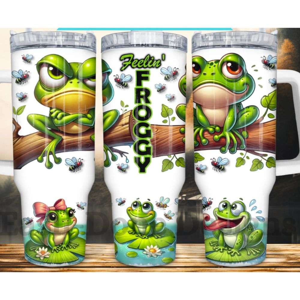 40 oz white stainless tumbler with cartoon frogs, flies, and “Feelin’ Froggy” text