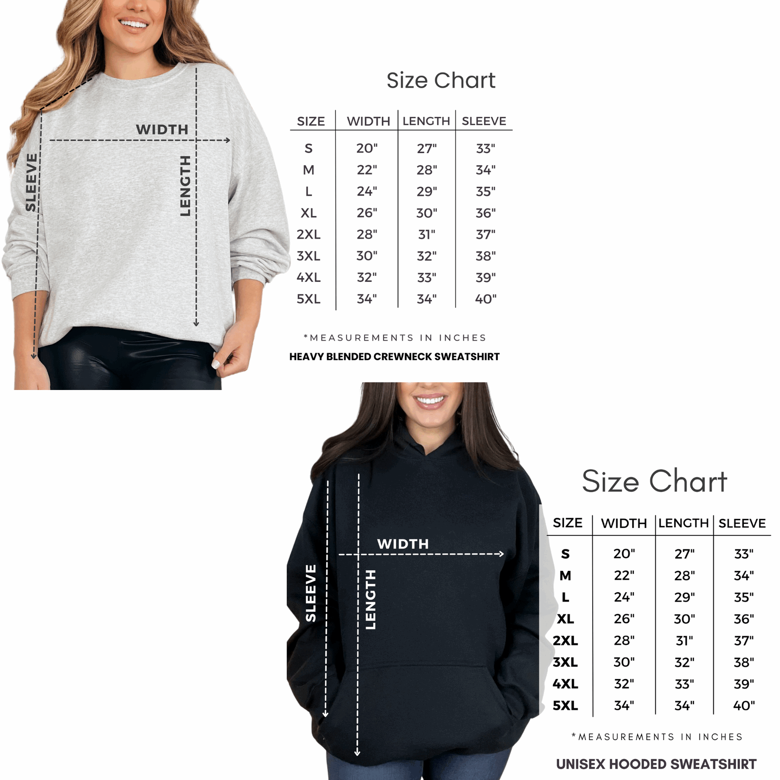 Sizing chart showing sizes for hoodies and crewneck sweatshirts
