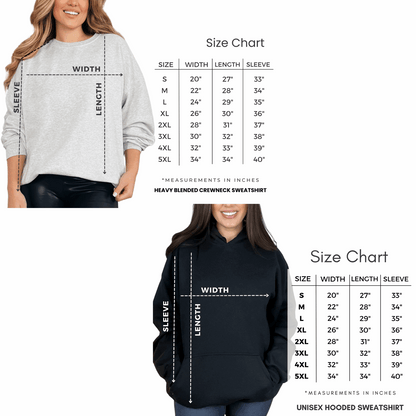 Sizing chart showing sizes for hoodies and crewneck sweatshirts