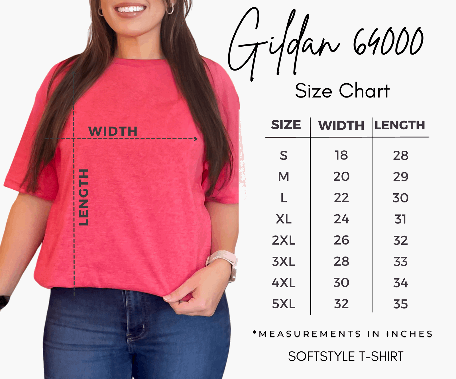 Gildan 64000 Softstyle T-Shirt size chart with model wearing a red T-shirt. Chart shows sizes S to 5XL with corresponding width and length measurements in inches.