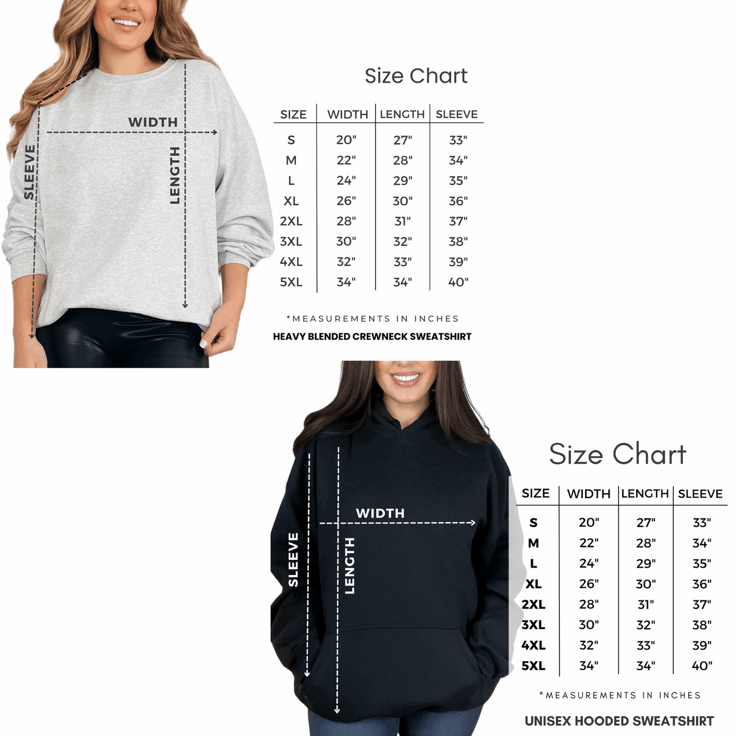 Sizing chart showing sizes for hoodies and crewneck sweatshirts