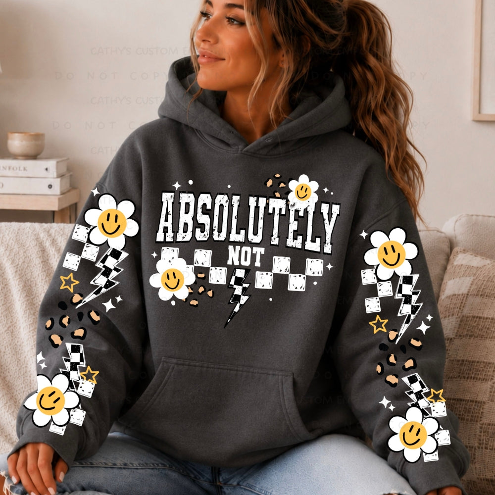 Absolutely Not graphic apparel featuring distressed lettering, smiley flowers, checkerboard accents, lightning bolts, and leopard print details shown on Charcoal 