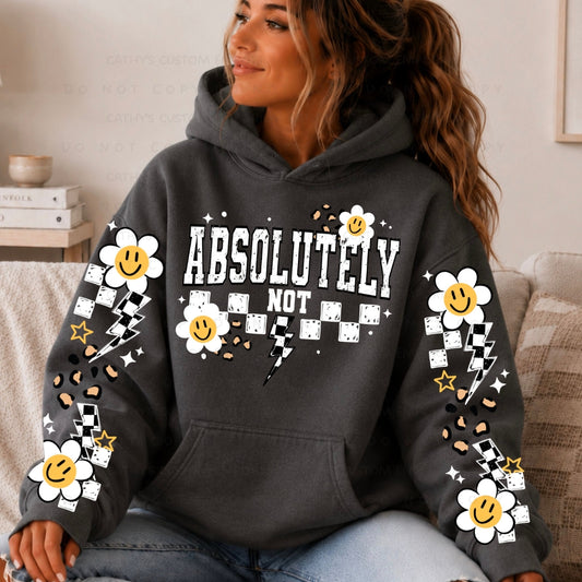 Absolutely Not graphic apparel featuring distressed lettering, smiley flowers, checkerboard accents, lightning bolts, and leopard print details shown on Charcoal 