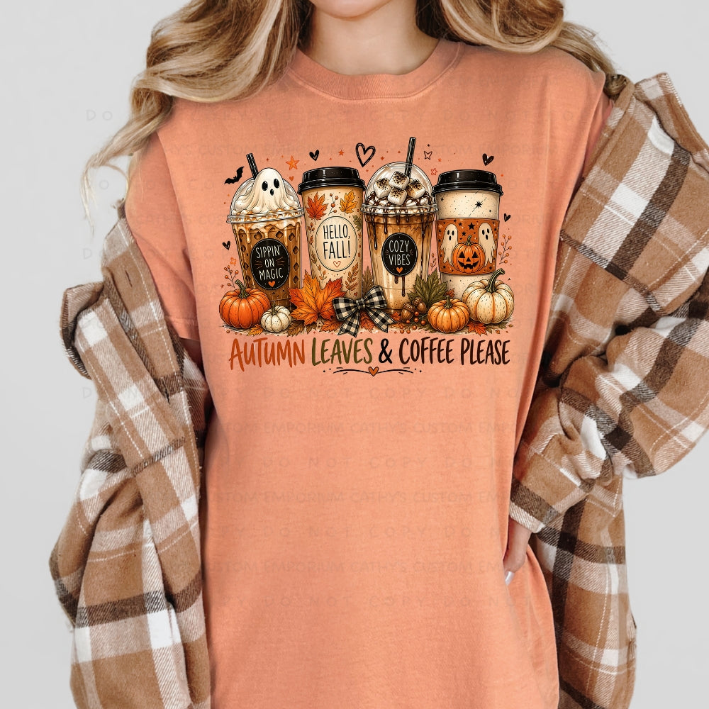 Autumn Leaves and Coffee Please design with festive drinks, pumpkins, and fall leaves on Terracotta Graphic T-Shirt