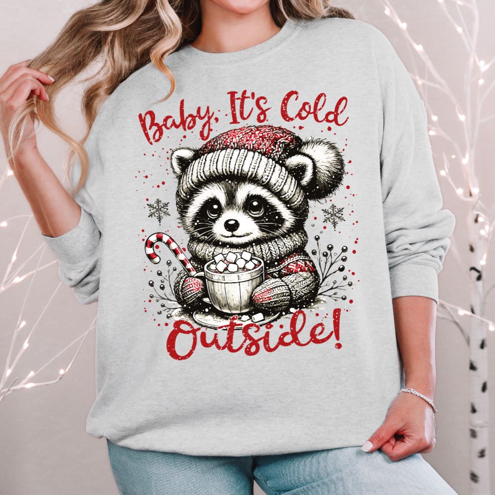 Cute raccoon in knit hat & scarf holds cocoa on "Baby It's Cold Outside" Christmas sweatshirt.