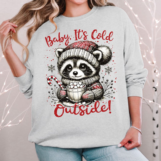 Cute raccoon in knit hat & scarf holds cocoa on "Baby It's Cold Outside" Christmas sweatshirt.