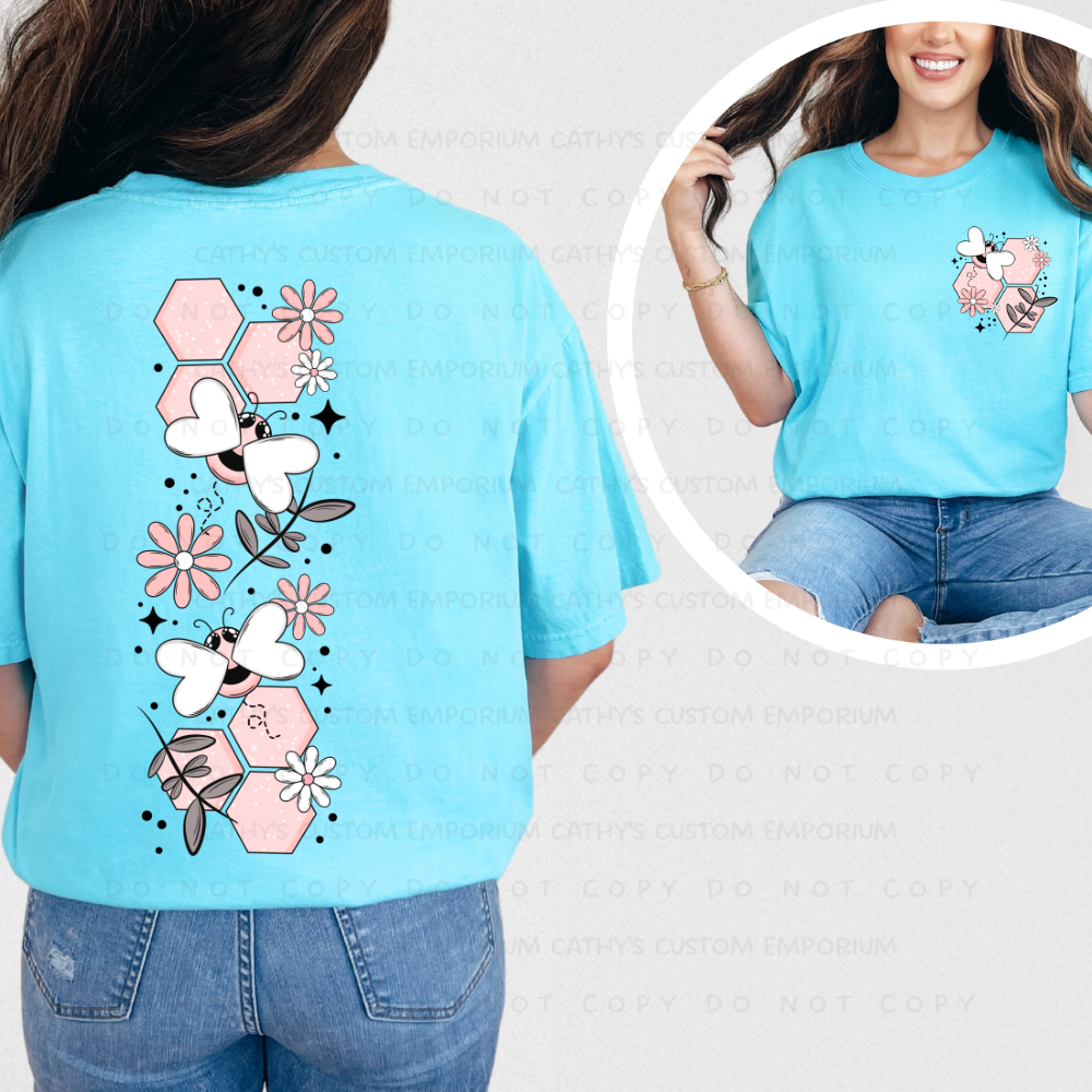 Bee Back Graphic T-Shirt featuring a small front chest design and full back bee and floral artwork on Comfort Colors Lagoon Blue.
