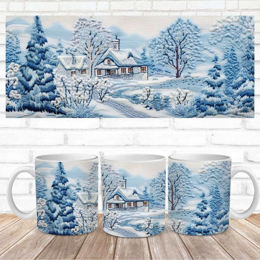  with a winter scene of a house and trees in the snow on a wooden surface.
