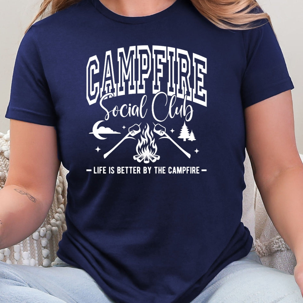 Campfire Social Club graphic T-shirt featuring campfire design on navy blue shirt