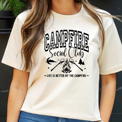 Campfire Social Club graphic T-shirt featuring campfire design on off white T- shirt