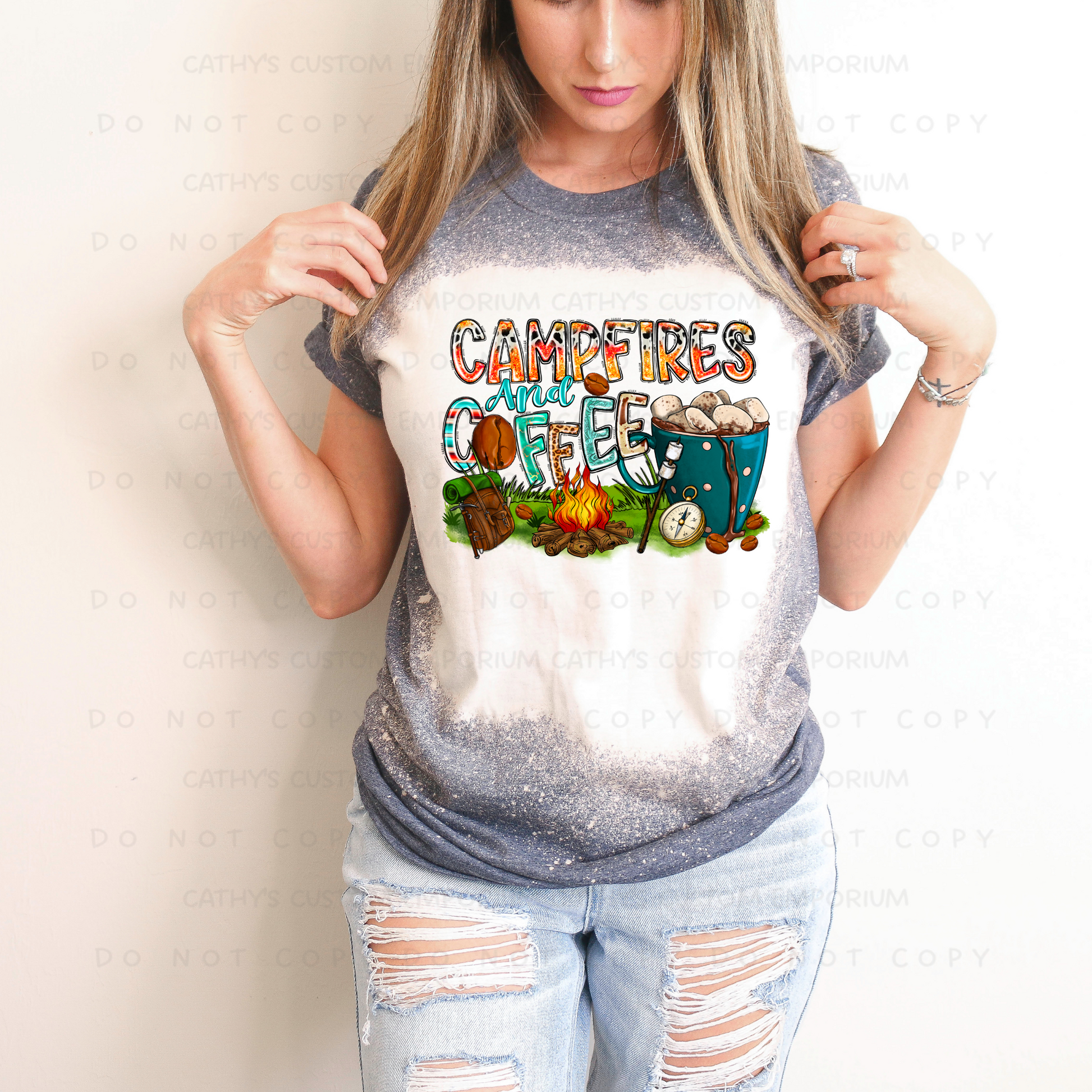 Campfires and Coffee Bleached Graphic Tee Cathy's Custom Emporium