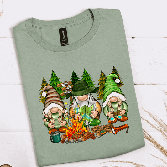 Camping Gnomes graphic T-shirt featuring camping gnome design on sage green shirt