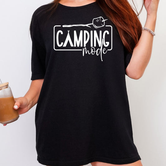 Camping Mode graphic T-shirt featuring camping-themed design on black shirt