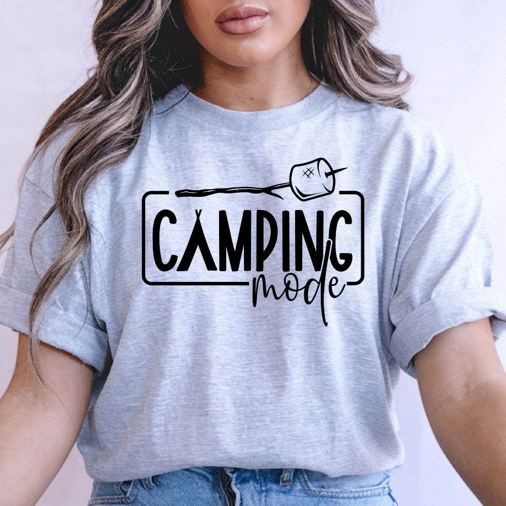 Camping Mode graphic T-shirt featuring camping-themed design on gray shirt