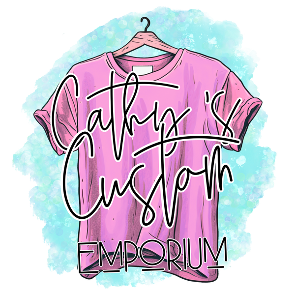 Logo for Cathy's Custom Emporium featuring a t-shirt on a hanger.