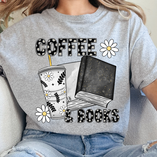 Coffee & Books graphic t-shirt on Sport Grey featuring coffee cup, books, and daisy design.