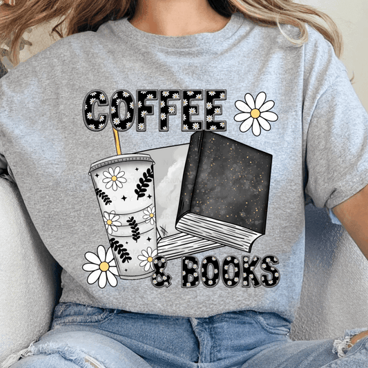 Coffee & Books graphic t-shirt on Sport Grey featuring coffee cup, books, and daisy design.