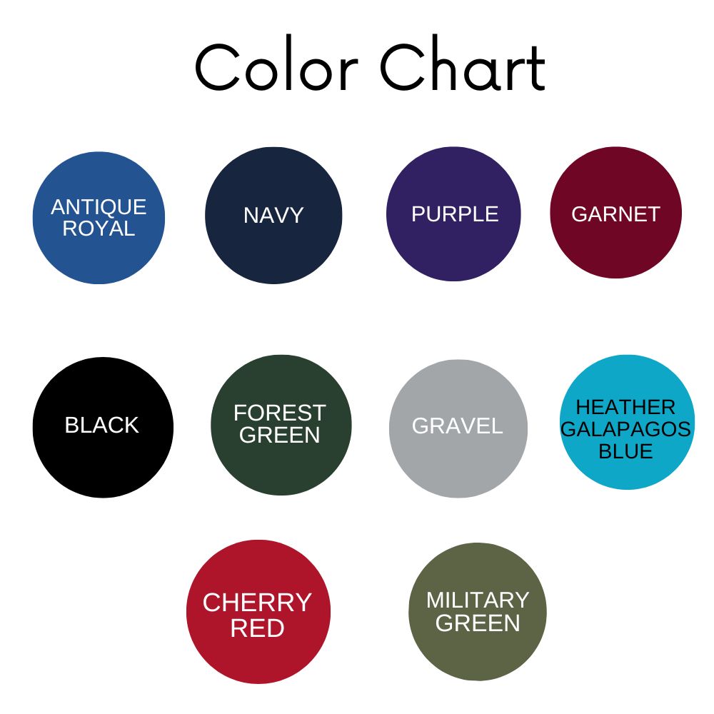 Color chart displaying 10 available Gildan 640 T-shirt colors: Antique Royal, Navy, Purple, Garnet, Black, Forest Green, Gravel, Heather Galapagos Blue, Cherry Red, and Military Green.