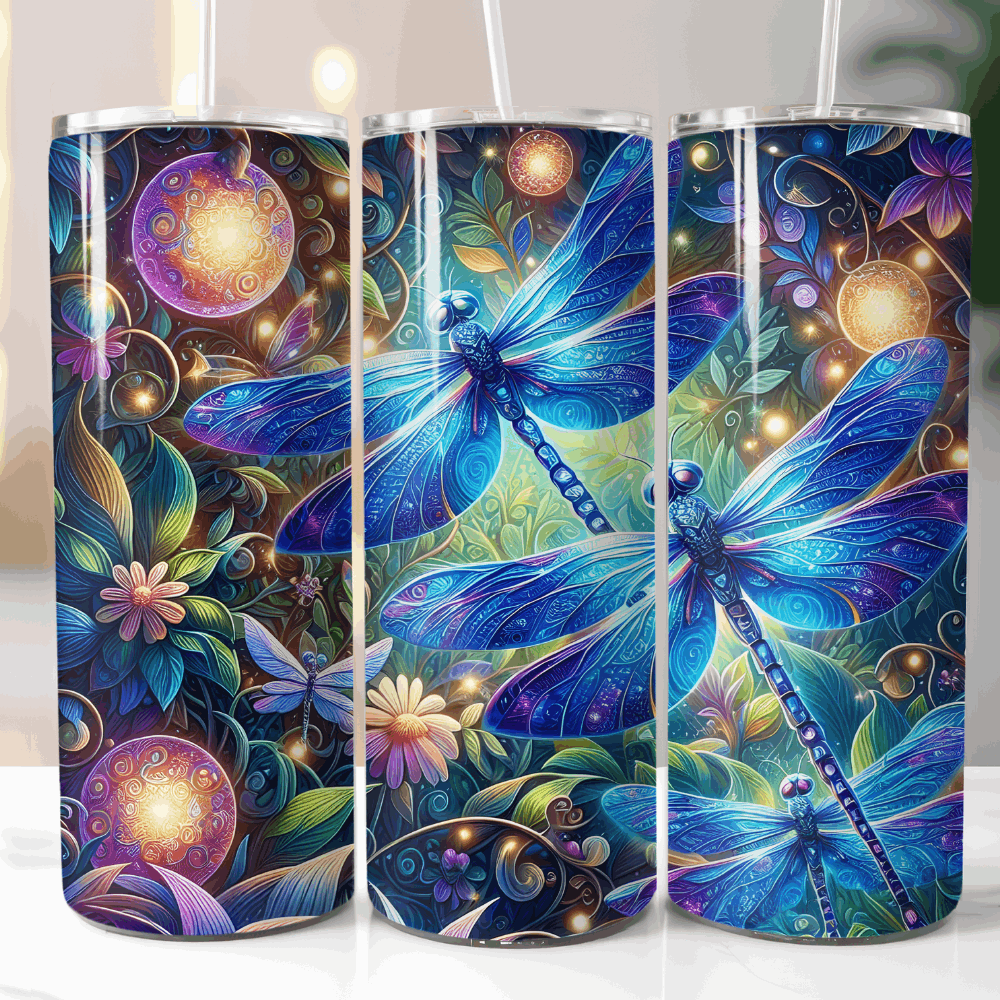 20oz dragonfly tumbler featuring vibrant blue dragonflies with colorful floral and fantasy-inspired artwork.