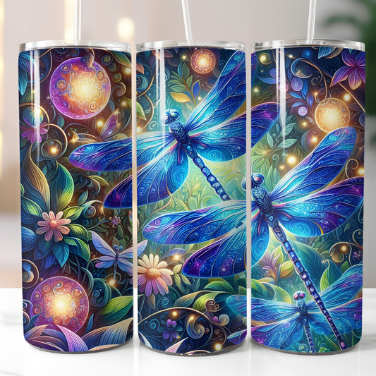 20oz dragonfly tumbler featuring vibrant blue dragonflies with colorful floral and fantasy-inspired artwork.