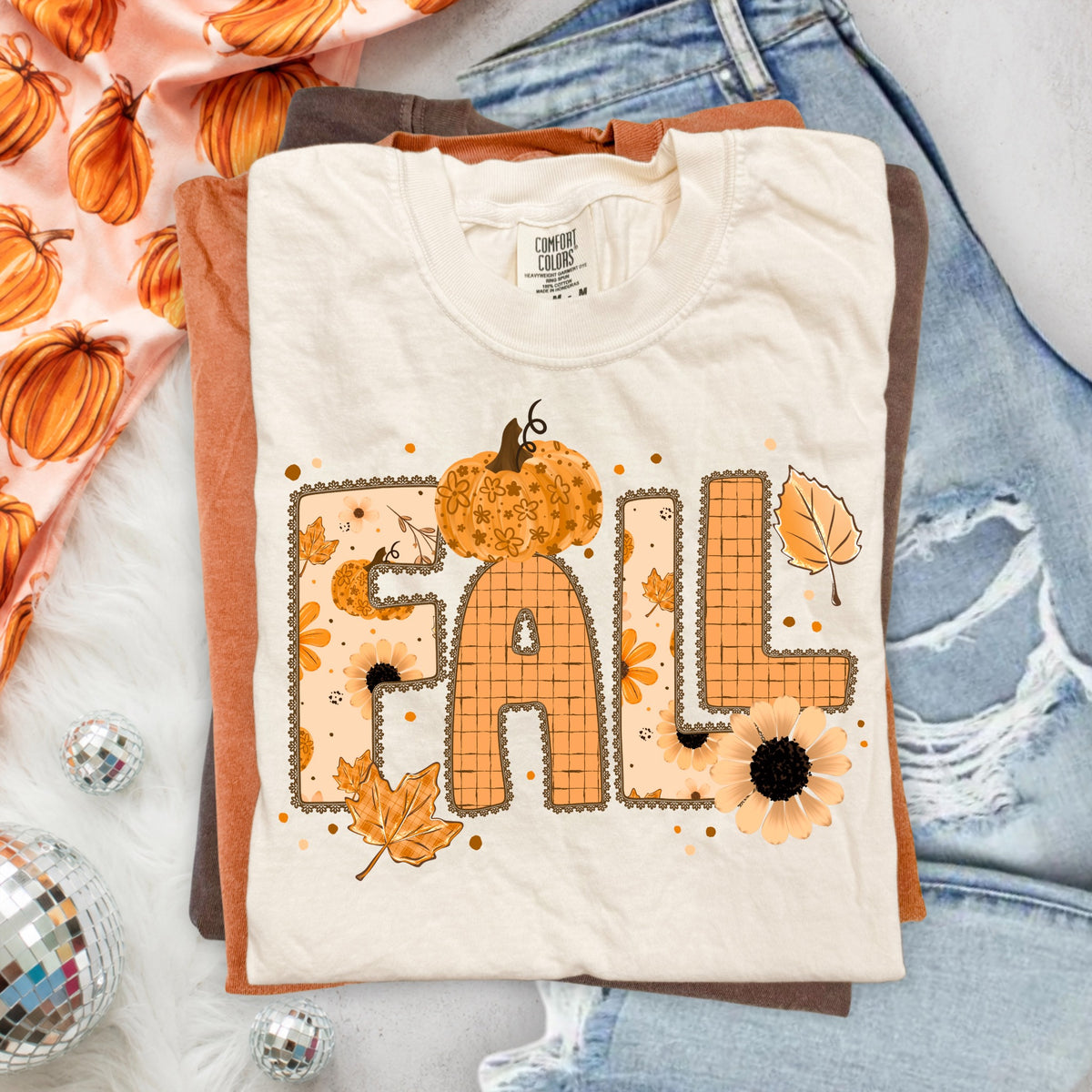 Fall floral pumpkin Graphic T-Shirt with orange flowers and autumn leaves