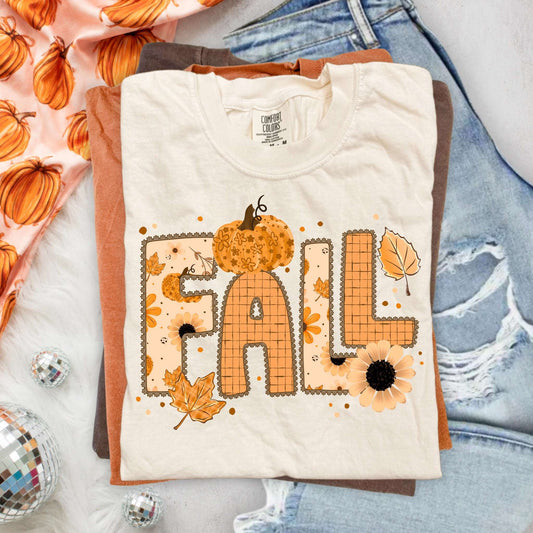 Fall floral pumpkin Graphic T-Shirt with orange flowers and autumn leaves