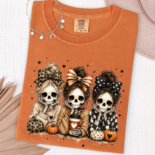 Three fall skeleton besties with bows, pumpkins, and coffee on Yam Graphic T-Shirt